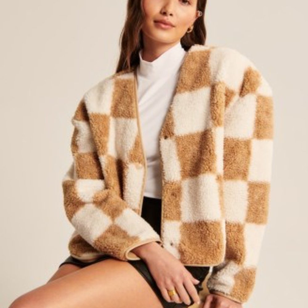 Abercrombie Tan & White Checkered Sherpa Liner Jacket S